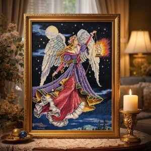 Dimensions Gold Angelic Beacon 1996 Needlepoint Finished Celestial Art Completed